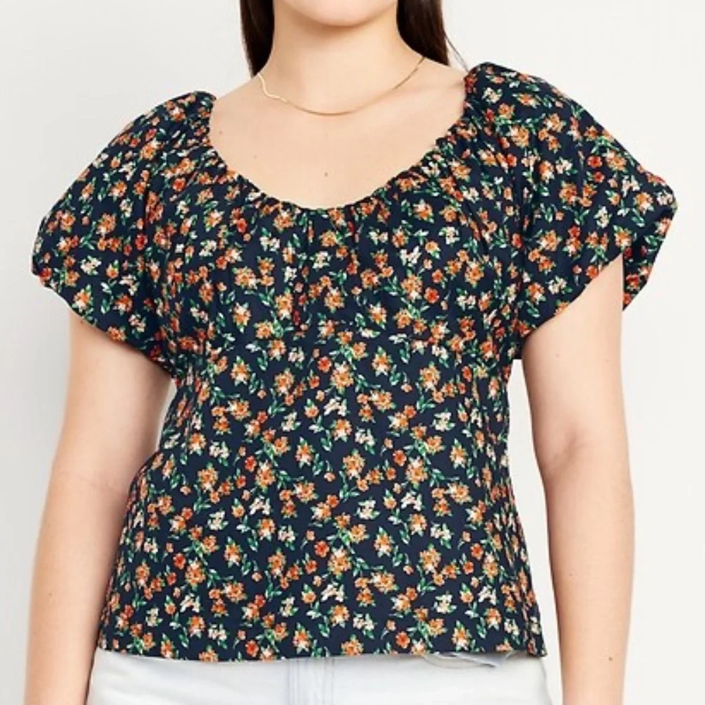 Old Navy Floral Cotton Puff Sleeve Babydoll Smocked Blouse Size XL Navy